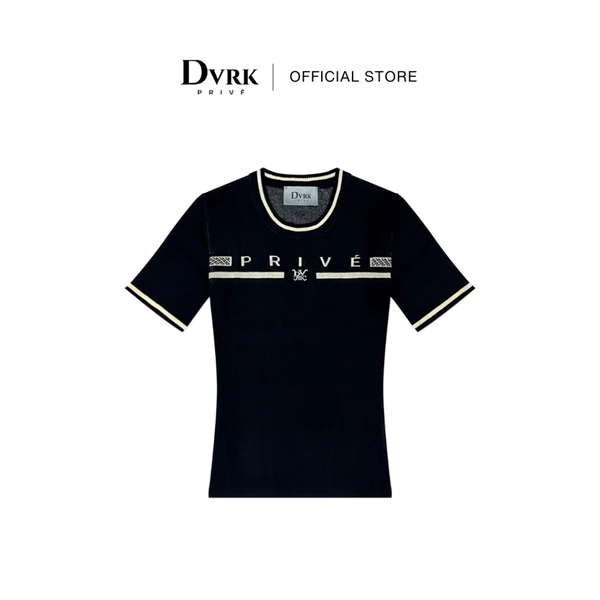 Áo Thun Nữ Tay Ngắn Cổ Tròn Dệt Kim Màu Đen PRIVÉ BAR LOGO-DVRK-23SS