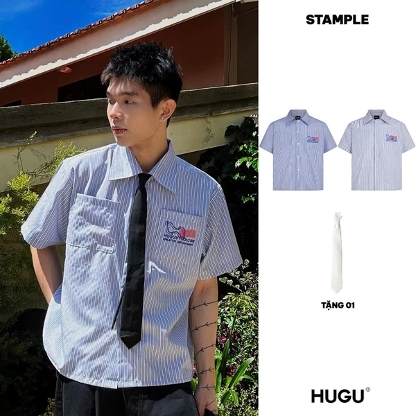 ( Mua 1 tặng 1) Áo sơ mi kate tay ngắn sọc xanh, form boxy thêu logo local brand HUGU - STAMPLE SHIRT