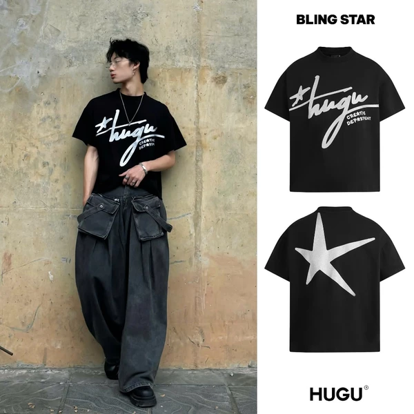 Áo thun boxy local brand HUGU - BLING STAR - cotton 2 chiều, phủ kim tuyến