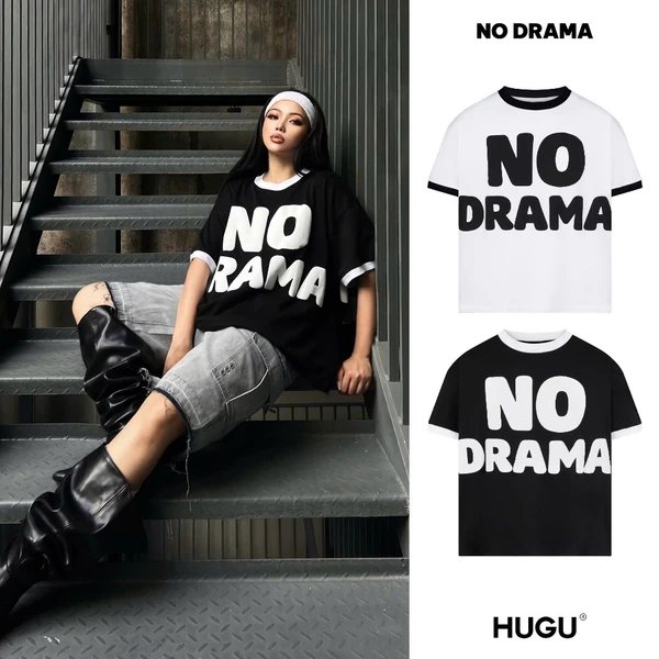 Áo thun bo cổ tròn màu trắng, đen,... form boxy, unisex local brand HUGU - NO DRAMA - hình in nổi, rộng rãi
