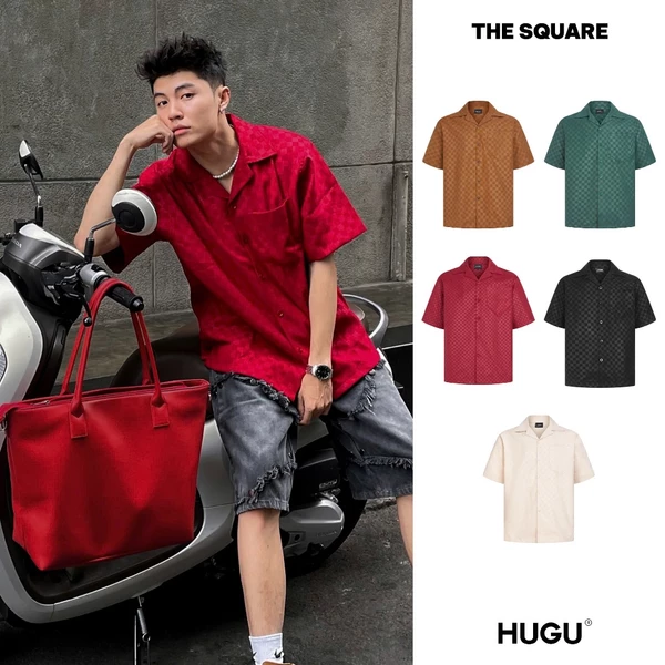 Áo sơ mi kaki tay ngắn màu trắng, đen,... form rộng, unisex in họa tiết dập chìm lạ mắt HUGU - THE SQUARE