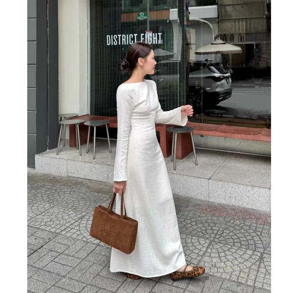 Đầm linen form dài tay dài khoét lưng  | 𝐒𝐎𝐌𝐒 | 𝐈𝐯𝐨𝐫𝐲 𝐃𝐫𝐞𝐬𝐬