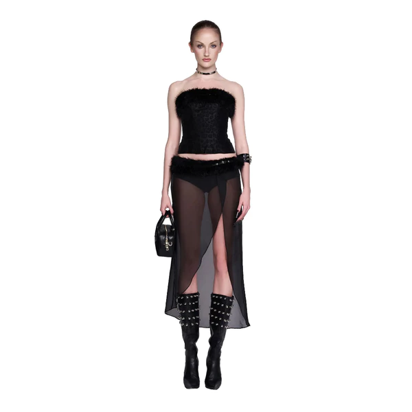 LSOUL Áo Cúp Ngực Đan Dây Corset Phối Lông Chân Váy Xuyên Thấu Xẻ Tà Fang Set A24122792 CV24120704