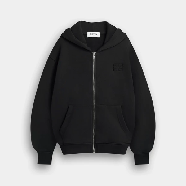 Eleven - Áo Nỉ Unisex Nam Nữ Có Nón Cài Khoá Thêu Đắp Giống Mono | Màu Đen