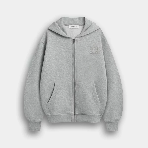 Eleven - Áo Nỉ Unisex Nam Nữ Có Nón Cài Khoá Thêu Đắp Giống Mono | Màu Xám