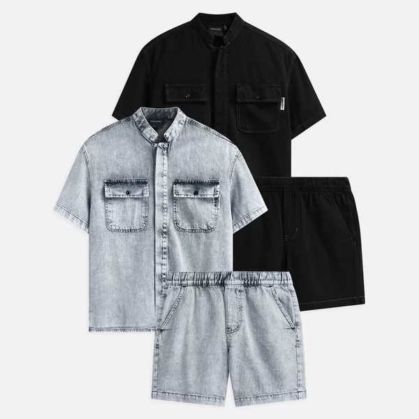 Set Nam Shirt Short Denim Stand Col, Chất Vải Denim Thoải Mái, SB0046, SOME HOW STORE
