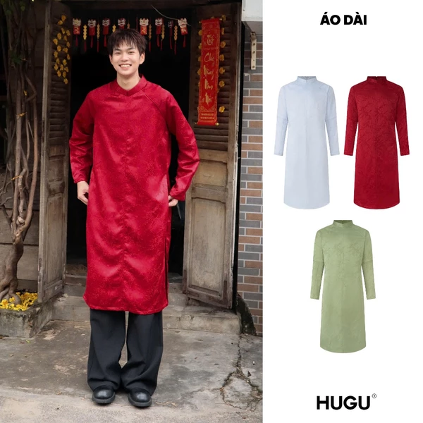 Áo dài dáng suông local brand HUGU - ÁO DÀI - chất liệu vải gấm, tay dài phồng, khóa zip (không kèm quần)