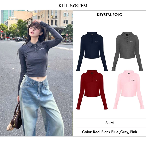 [GIẢM 30%] Áo thun Polo tay dài Krystal chất vải thoáng mát thêu hình - Killsystem