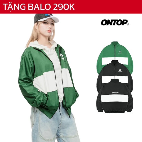 Áo khoác dù phối sọc ngang form rộng ONTOP cổ trụ màu đen, ve chai local brand nam nữ BSB | O20-AK11