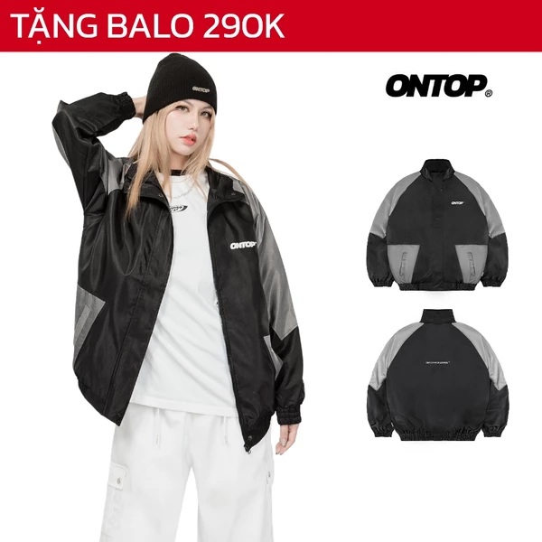 Áo khoác dù phối màu đen xám cổ trụ ONTOP có khóa kéo và nút bấm form rộng local brand nam nữ Jersey Jacket | O24-AK4