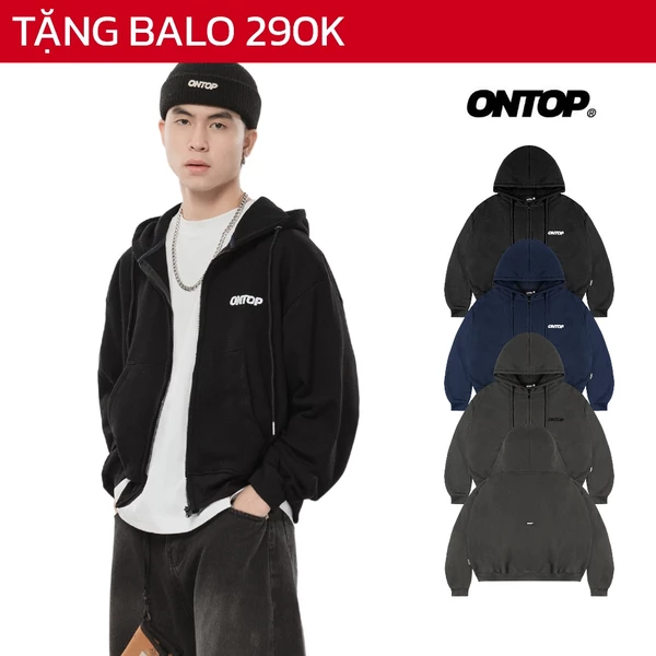 Hoodie Zip Boxy trơn vải nỉ ONTOP local brand nam nữ basic màu đen, xanh và xám |O25-AK1