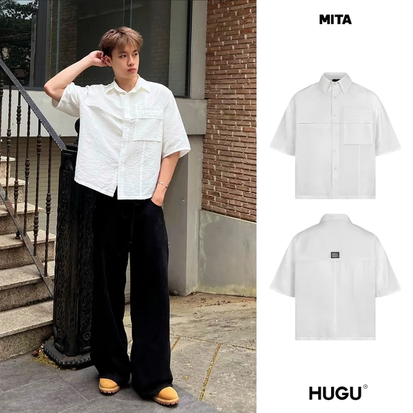 Áo sơ mi boxy local brand HUGU - MITA - sơ mi ngắn tay dáng boxy, đính logo kim loại mặt sau, túi áo bên phải