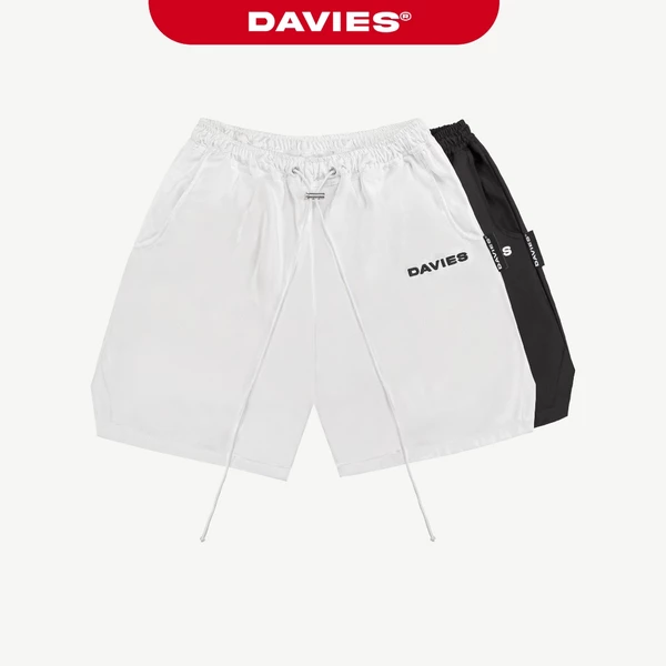 Quần short dù thêu chữ DAVIES lưng chun dây rút nam nữ màu đen, trắng form rộng Nylon | D-Q7