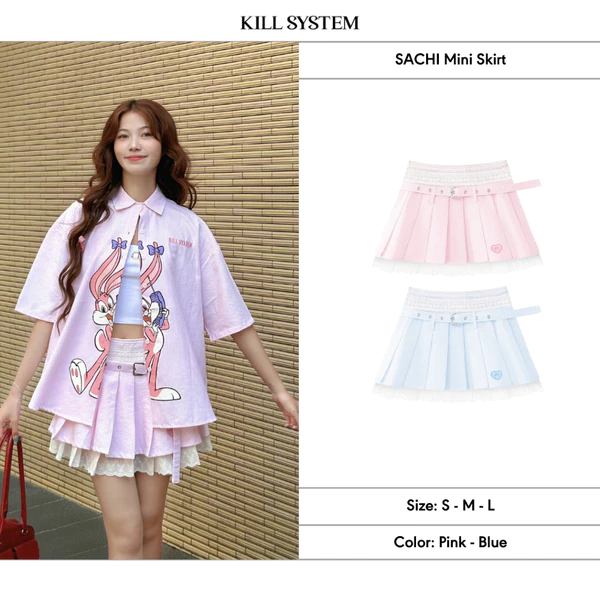 Chân váy ngắn xếp ly kèm belt Sachi KillSystem hai tầng phối viền ren hình thêu trái tim