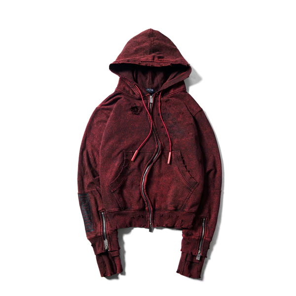 Áo hoodie kéo khóa "GOLDIE DISTRESSED GC CURVED ZIPPER" màu đỏ
