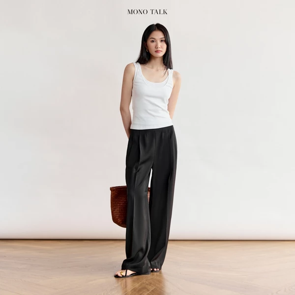 Quần dài cạp cao dáng suông, thân trước xếp nếp ly chiết 2 bên (màu đen) Mono Talk - MFOT26Y-B30001FT