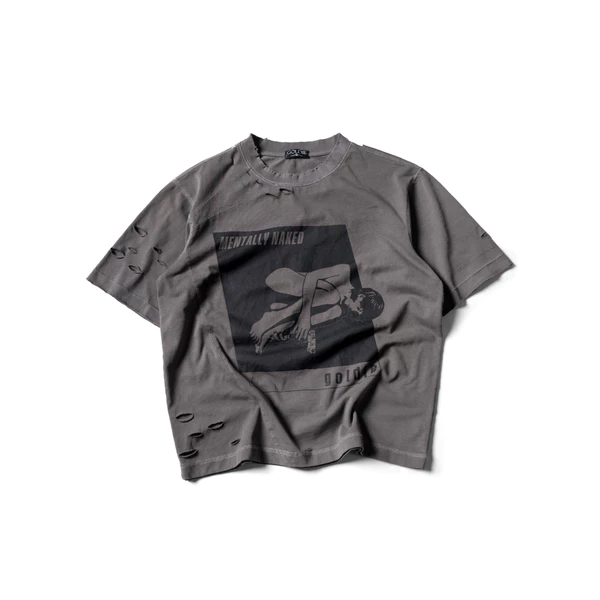 Áo thun "NAKED DISTRESSED WASHED TSHIRT" giặt mài đánh rách màu xám