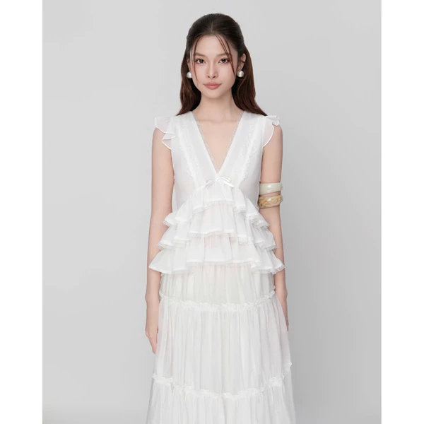 RUBIES Yeoni Top - Áo Kiểu Nữ Vải Chiffon Phối Ren Dáng Peplum Xếp Tầng Sát Nách Cổ Tim V