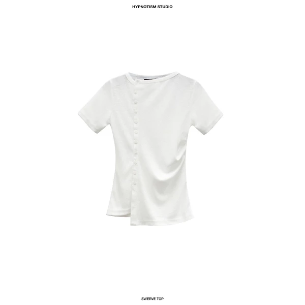 HYPNOTISM | "SWERVE TOP" - Áo thun tay ngắn lệch nút xuyên thấu nhẹ