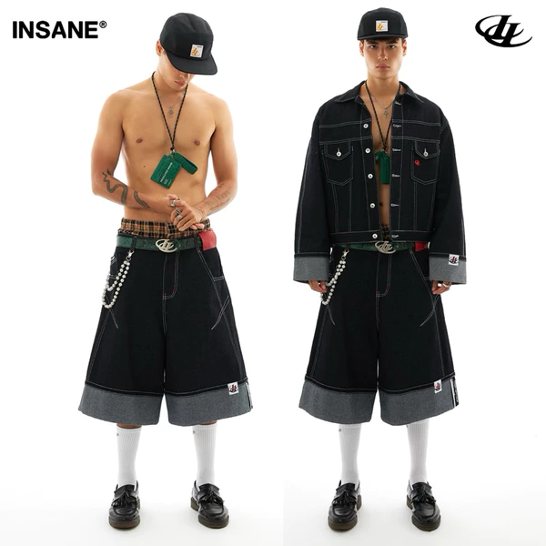 Quần Lửng InsaneClo FOLDLOCK RAW DENIM JORTS Form Rộng Dài Qua Gối Unisex Vải Denim