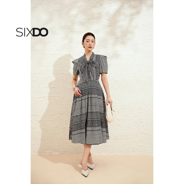 Đầm cổ nơ dáng xòe SIXDO (Woven Flared Dress)