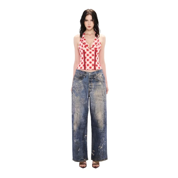 LSOUL Áo Corset Cổ Yếm Caro Đỏ Uzi Top + Quần Jeans Baggy Yeom Pants Ver 2 A25072829 J25070822