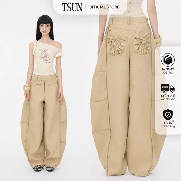 TSUN - Quần Balloon Cạp Cao Dáng Rộng Màu Be, Oversize - Vải Dập Nổi 3D -Túi Sau Nhún Bèo-Streetwear