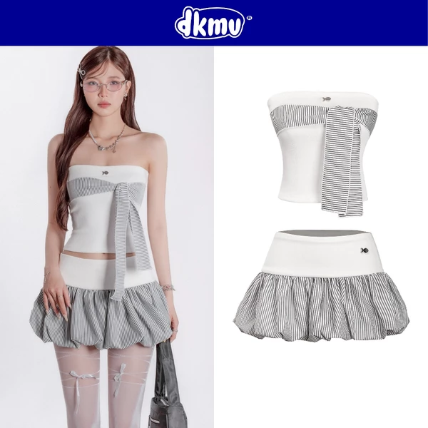 Set áo ống chân váy bí ngắn DKMV thiết kế phối họa tiết sọc nhí đáng yêu ôm dáng logo inox Cá Jimin Set | K-SET10