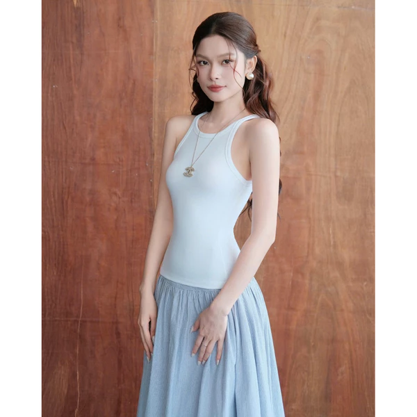 RUBIES Chan Top - Áo Thun Nữ Dáng Ôm Sát Nách 3 Lỗ Cổ Tròn