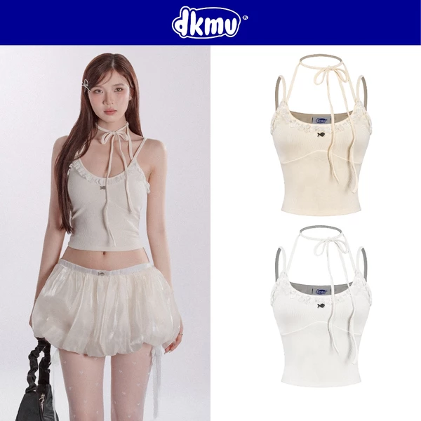 Áo hai dây phối dây thắt nơ cổ DKMV hoạ tiết đính viền ren logo cá inox màu trắng, kem xinh xắn Bambi Top | K-T35