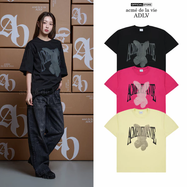 Áo Thun ADLV Halftone Dot Fuzzy Rabbit Dáng oversized Màu Đen/Vàng nhạt/Hồng - Hàng chính hãng