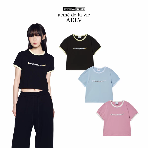 Áo Thun nữ ADLV Snake Initial Ringer dáng crop màu đen/xanh da trời/hồng nhạt - Hàng chính hãng