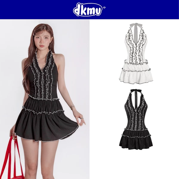 Đầm yếm cột cổ phối viền tương phản DKMV hở lưng thiết kế ngắn dáng xòe đáng yêu logo inox Cá Youngie Dress| K-D20