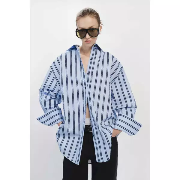 HIGHCHIC - UNSAID COLLECTION - SƠ MI SỌC XANH OVERSIZE DÁNG DÀI - BARE SHIRT