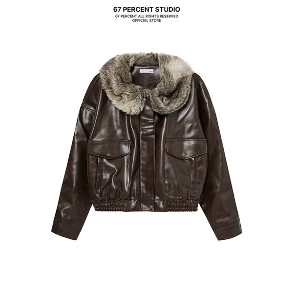Áo Khoác Da Nâu Phối Cổ Lông 67PERCENT / 67% - FUR-TRIMMED LEATHER JACKET
