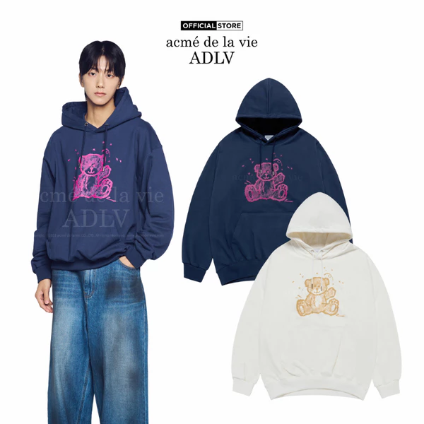 Áo Hoodie ADLV Hand Sketch Bear Dáng Oversized Màu Xanh Navy/Kem - Hàng chính hãng