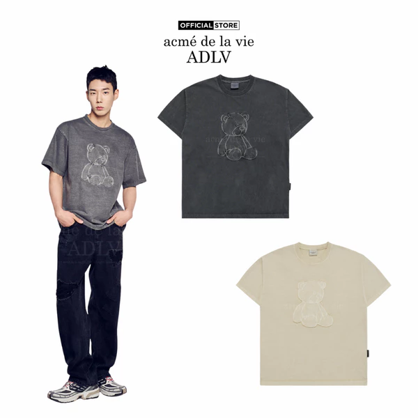 Áo thun ADLV BEAR APPLIQUE PIGMENT WASHING dáng oversized màu than chì/be - Hàng chính hãng