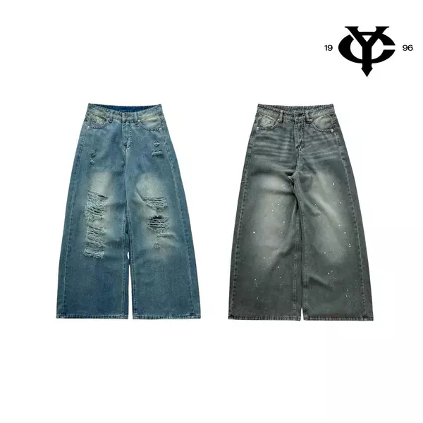 WHOSE X YC1996 - Quần Jeans Ống Rộng Rách Gối Và Vẩy Sơn Bụi Bặm Local Brand Unisex