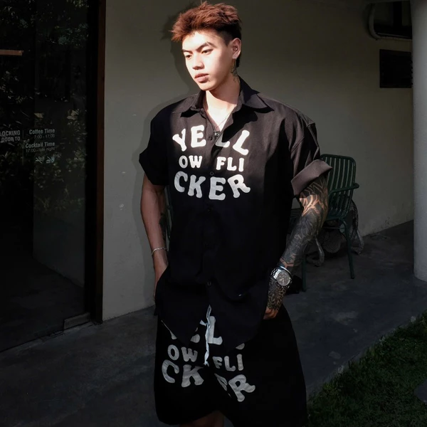 Bộ sơ mi tay ngắn kaki YELLOW FLICKER big logo unisex