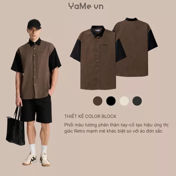 Áo sơ mi tay ngắn vải nhung kẻ, phom rộng F4 - Seventy Seven 022 23257 |YaMe|