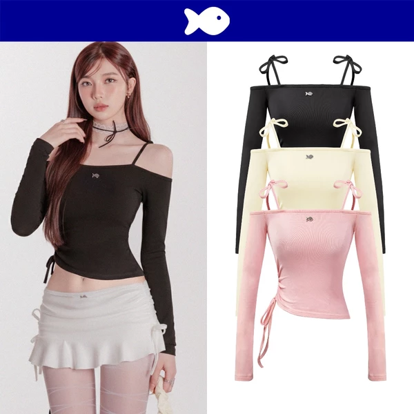 Áo trễ vai có dây thắt nơ tay dài DKMV màu đen, hồng thiết kế dây rút eo đáng yêu Sandrow Top | K-T23