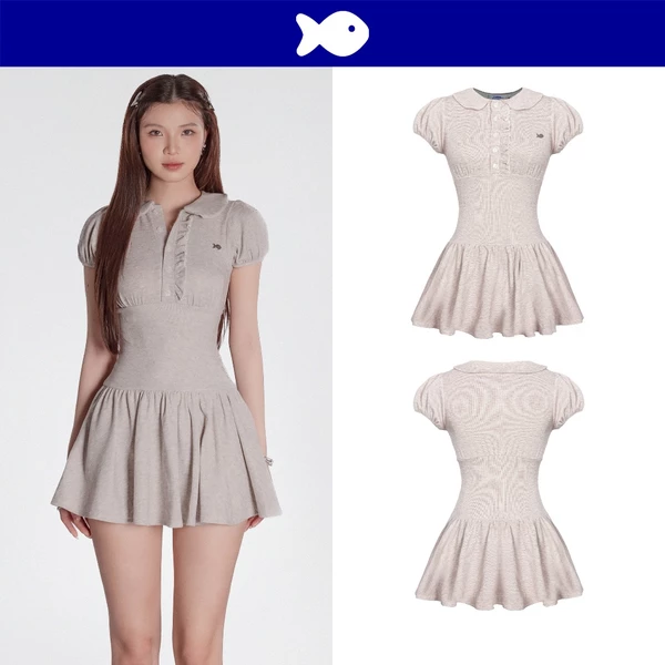 Đầm tay phồng nữ cổ polo dáng xoè DKMV form chiết eo hàng nút phối bèo xinh xắn logo cá màu nâu Daphne Dress | K-D51-N