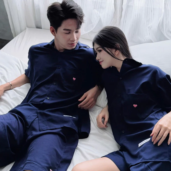 Bộ sơ mi tay ngắn YELLOW FLICKER họa tiết love màu xanh navy unisex