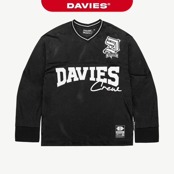 Áo phông dài tay nam nữ thun lưới DAVIES form rộng cổ V hoạ tiết hình in phối logo thêu màu đen Crew Jersey  |D-T46