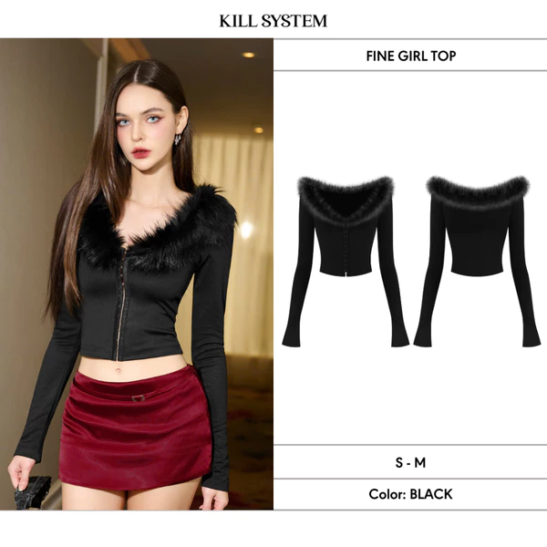 Áo cổ V phối lông tay dài siêu ôm FINE GIRL - 𝐊𝐈𝐋𝐋 𝐒𝐘𝐒𝐓𝐄𝐌