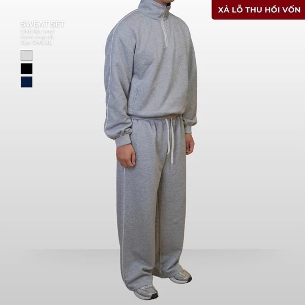 Set Nỉ Nam Kẻ Sọc Áo Khoác Zip  Form Crop & Quần Suông Nỉ 2 Da B Brown