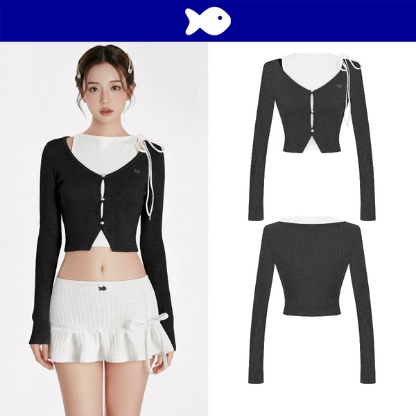 Set áo croptop và áo khoác dài tay xinh DKMV đen phối ba lỗ trắng cổ cao nút cài ngọc trai đáng yêu Joy Top| K-T25-D