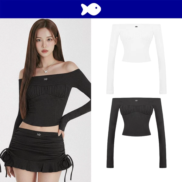 Áo trễ vai tay dài nhún ngực croptop DKMV đính logo cá đáng yêu thun rib lụa ôm dáng điệu đà Dewdrop Top | K-T53