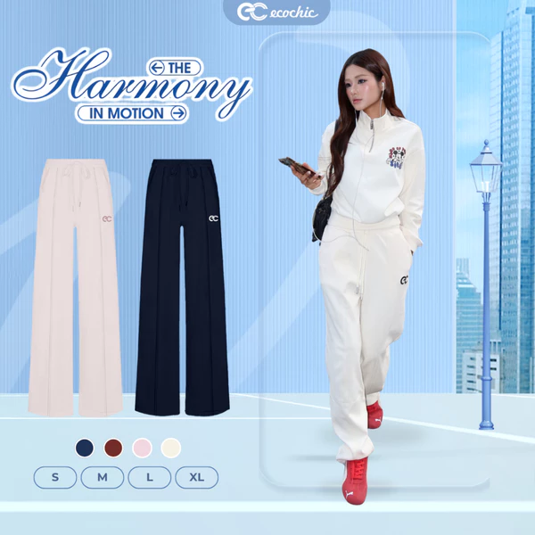 Quần suông ECOCHIC MICKEY Phối Đường Kẻ Logo Thêu Chất Liệu Cao Cấp Mềm Mịn HNH B215