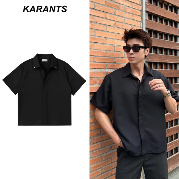 Karants Áo Sơ Mi Boxy Vải Cotton Lạnh Giấu Cúc Đính Kim Loại Nam Nữ Unisex - KR369